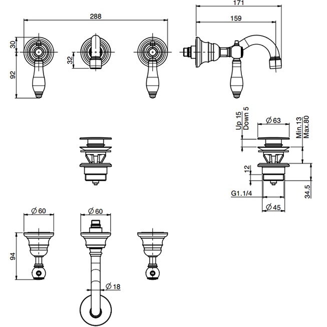 Смеситель для раковины скрытого монтажа Fima Carlo Frattini Herend F5401/5CBOR (золотой)