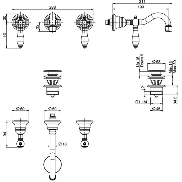 Смеситель для раковины скрытого монтажа Fima Carlo Frattini Herend F5401L/5CBOR (золотой)
