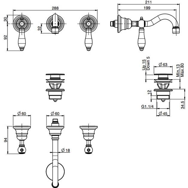 Смеситель для раковины скрытого монтажа Fima Carlo Frattini Herend F5401L/5CNCR (хром, черные ручки)