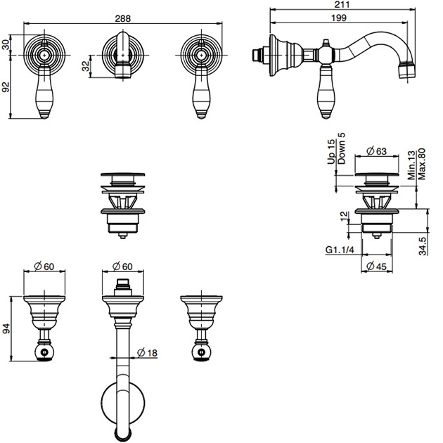 Смеситель для раковины скрытого монтажа Fima Carlo Frattini Herend F5401L/5OR (золотой)