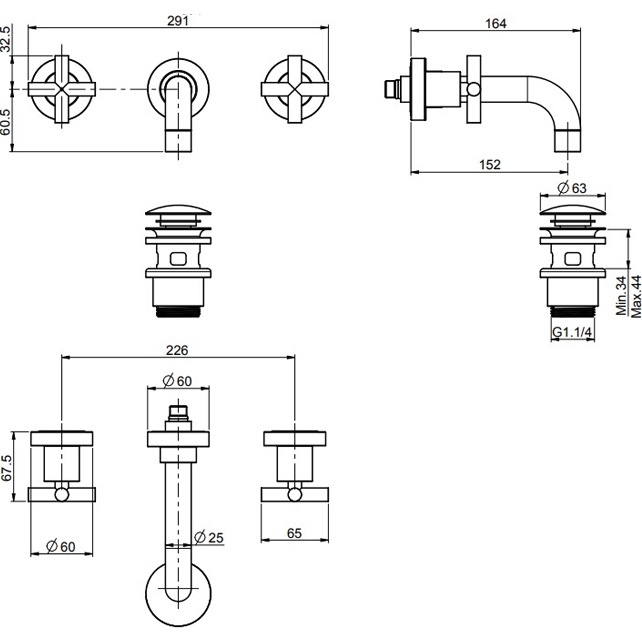 Смеситель для раковины скрытого монтажа 15 см.  Fima Carlo Frattini Maxima F5321/5CR (хром), с донным клапаном