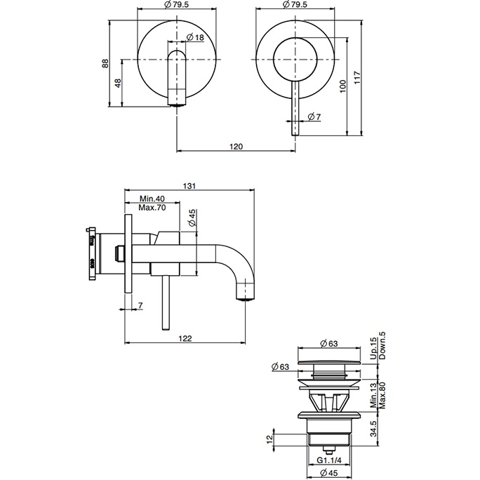 Смеситель для раковины скрытого монтажа излив 12см Fima Carlo Frattini Spillo Up F3051WSX9NS (черный матовый), с донным клапаном
