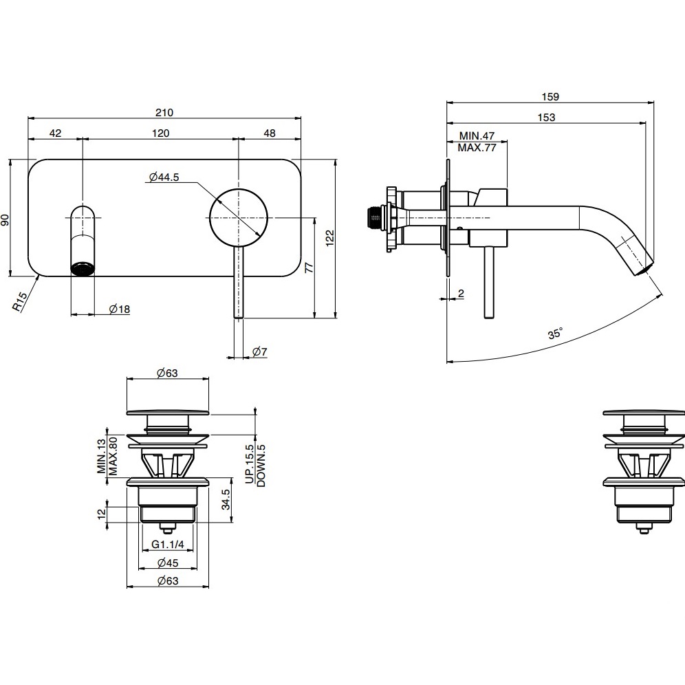 Смеситель для раковины скрытого монтажа излив 15см Fima Carlo Frattini Spillo Up F3051WX5CR (хром), с донным клапаном