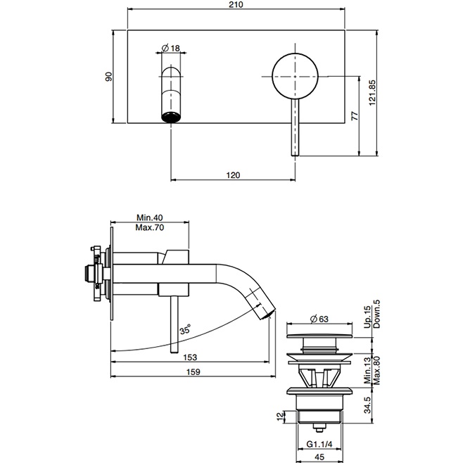 Смеситель для раковины скрытого монтажа излив 15см Fima Carlo Frattini Spillo Up F3051WX5NS (черный матовый), с донным клапаном
