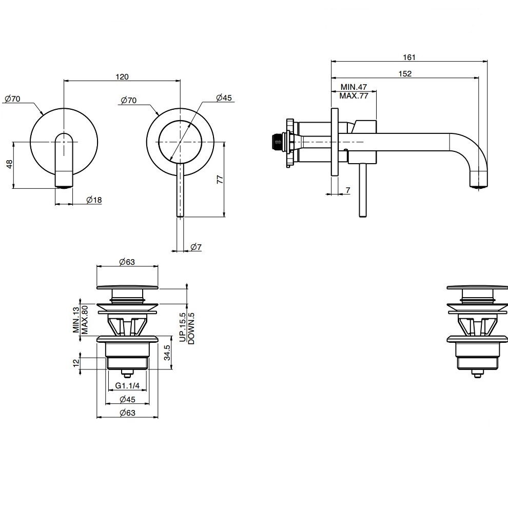 Смеситель для раковины скрытого монтажа излив 15см Fima Carlo Frattini Spillo Up F3051WX9NS (черный матовый), с донным клапаном