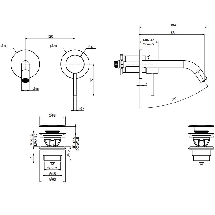 Смеситель для раковины скрытого монтажа излив 16см Fima Carlo Frattini Spillo Up F3051WX8OR (золотой), с донным клапаном