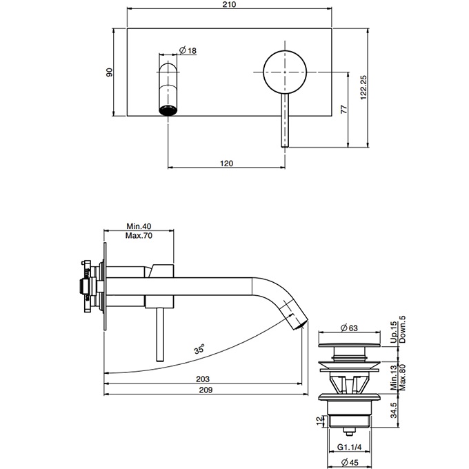 Смеситель для раковины скрытого монтажа излив 20см Fima Carlo Frattini Spillo Up F3051WLX5NS (черный матовый), с донным клапаном