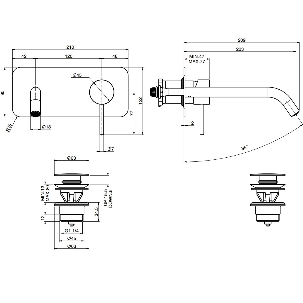 Смеситель для раковины скрытого монтажа излив 20см Fima Carlo Frattini Spillo Up F3051WLX5OR (золотой), с донным клапаном