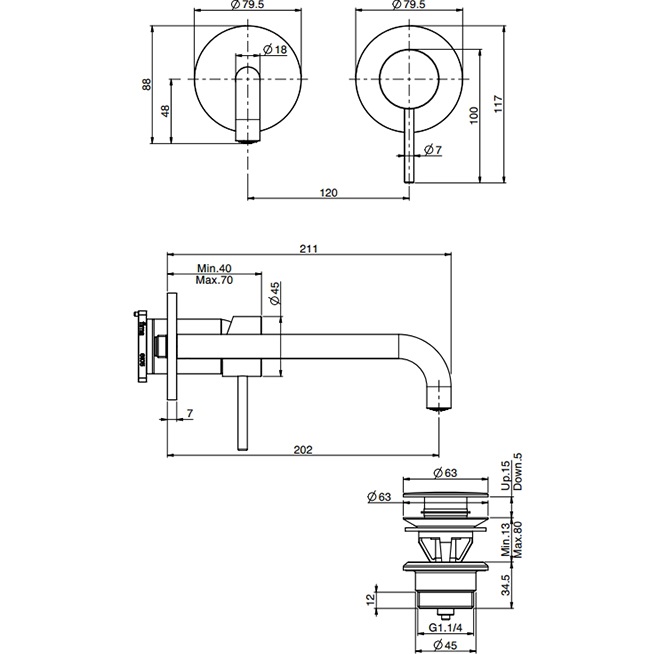 Смеситель для раковины скрытого монтажа излив 20см Fima Carlo Frattini Spillo Up F3051WLX9NS (черный матовый), с донным клапаном