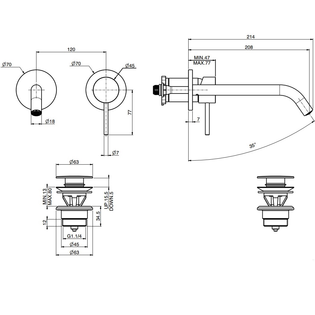 Смеситель для раковины скрытого монтажа излив 21см Fima Carlo Frattini Spillo Up F3051WLX8NS (черный матовый), с донным клапаном