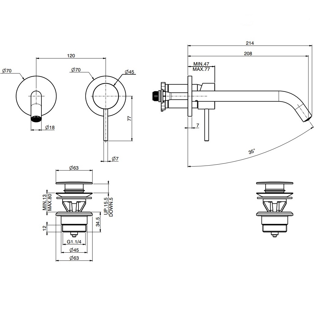 Смеситель для раковины скрытого монтажа излив 21см Fima Carlo Frattini Spillo Up F3051WLX8CR.1 (хром), с донным клапаном