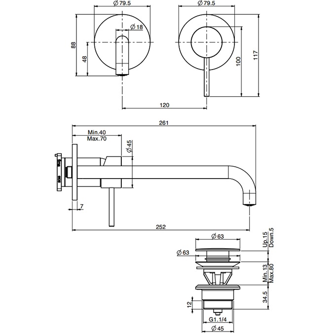 Смеситель для раковины скрытого монтажа излив 25см Fima Carlo Frattini Spillo Up F3051WZX9NS (черный матовый), с донным клапаном