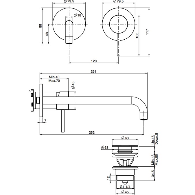 Смеситель для раковины скрытого монтажа излив 25см Fima Carlo Frattini Spillo Up F3051WZX9OR (золотой), с донным клапаном