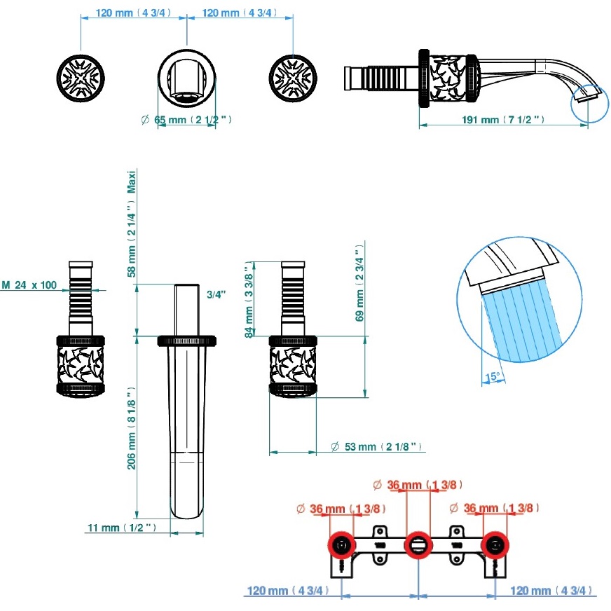 Смеситель для раковины скрытого монтажа THG Hirondelles Platinum Stamped A4K-F33-40GB (бронза, платина), без донного клапана