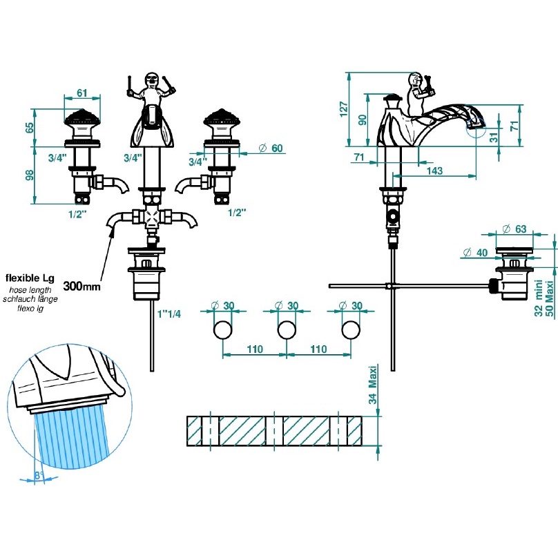 Смеситель для раковины THG Amour De Trianon G24-F01-151 (золотой), с донным клапаном