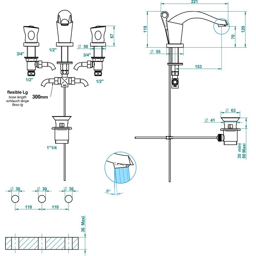 Смеситель для раковины THG Bagatelle metal U3E-A02-151 (хром, черный), с донным клапаном