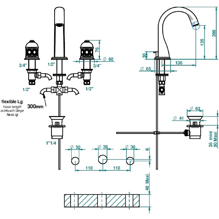 Смеситель для раковины THG Duomo U4E-F05-151 (золотой, хром, никель, хрусталь), с донным клапаном