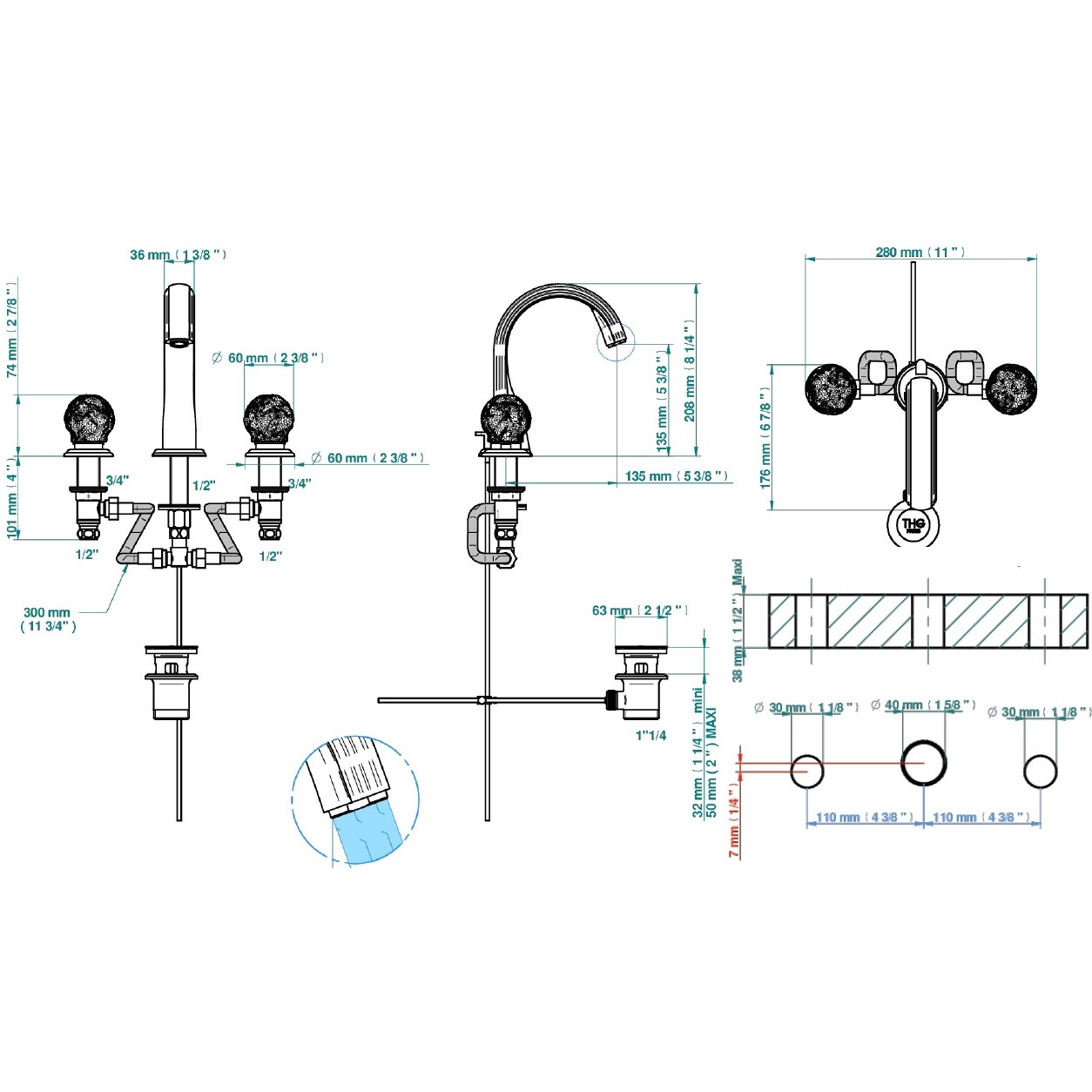 Смеситель для раковины THG Flore U5A-A02-151 (хром, оранжевый хрусталь), с донным клапаном