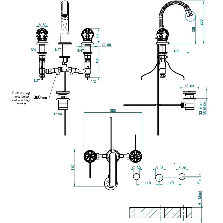 Смеситель для раковины THG Flore U5A-A02-151LED (хром, оранжевый хрусталь), с донным клапаном, LED
