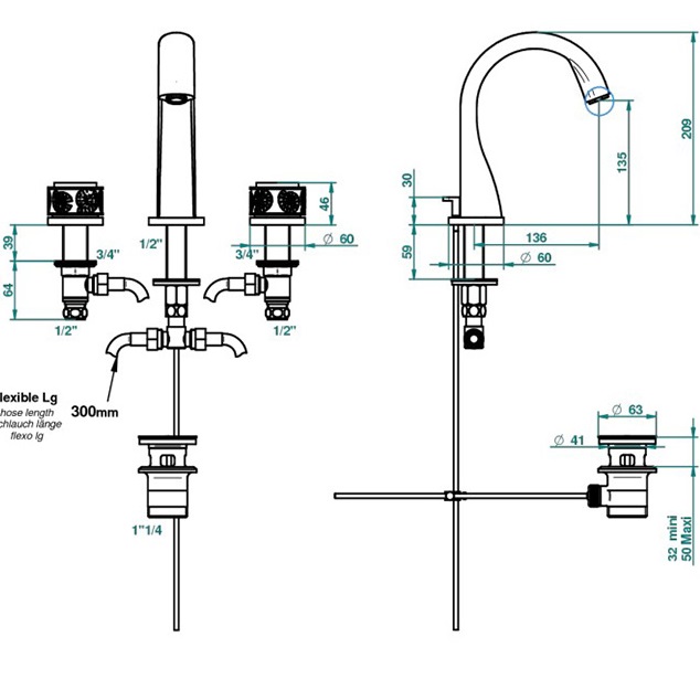 Смеситель для раковины THG Island U5B-F30-151 (золотой), с донным клапаном