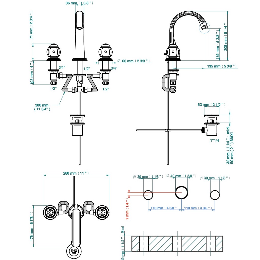 Смеситель для раковины THG Ithaque decor platine A7B-A02-151 (хром, платина, белый фарфор), с донным клапаном