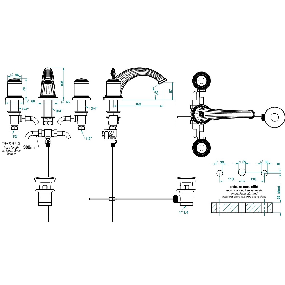 Смеситель для раковины THG Malmaison Portoro U95-F01-151 (золотой), с донным клапаном