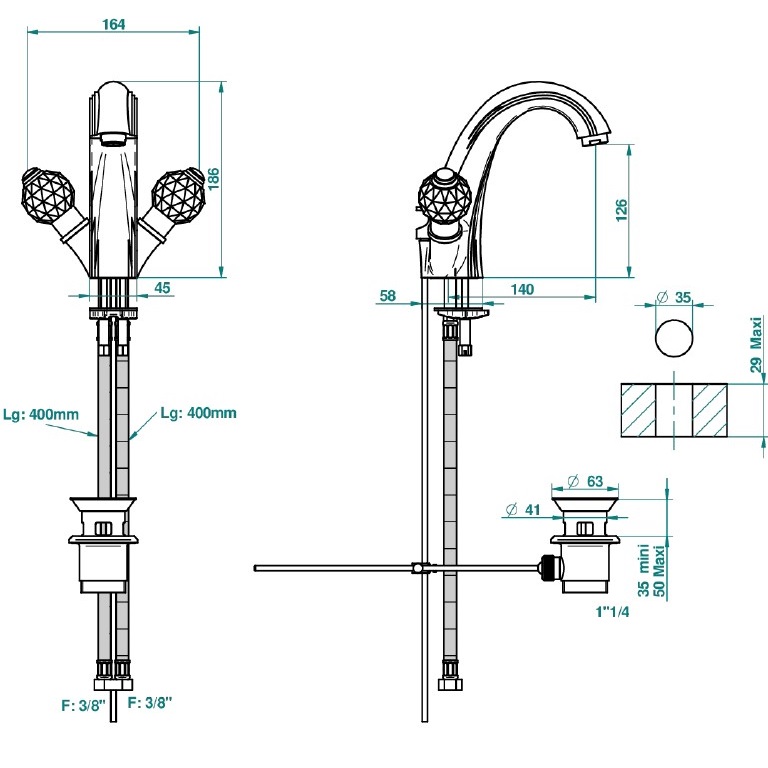 Смеситель для раковины THG Mandarine Cristallia Diamant U1K-F01-2155 (золотой), с донным клапаном