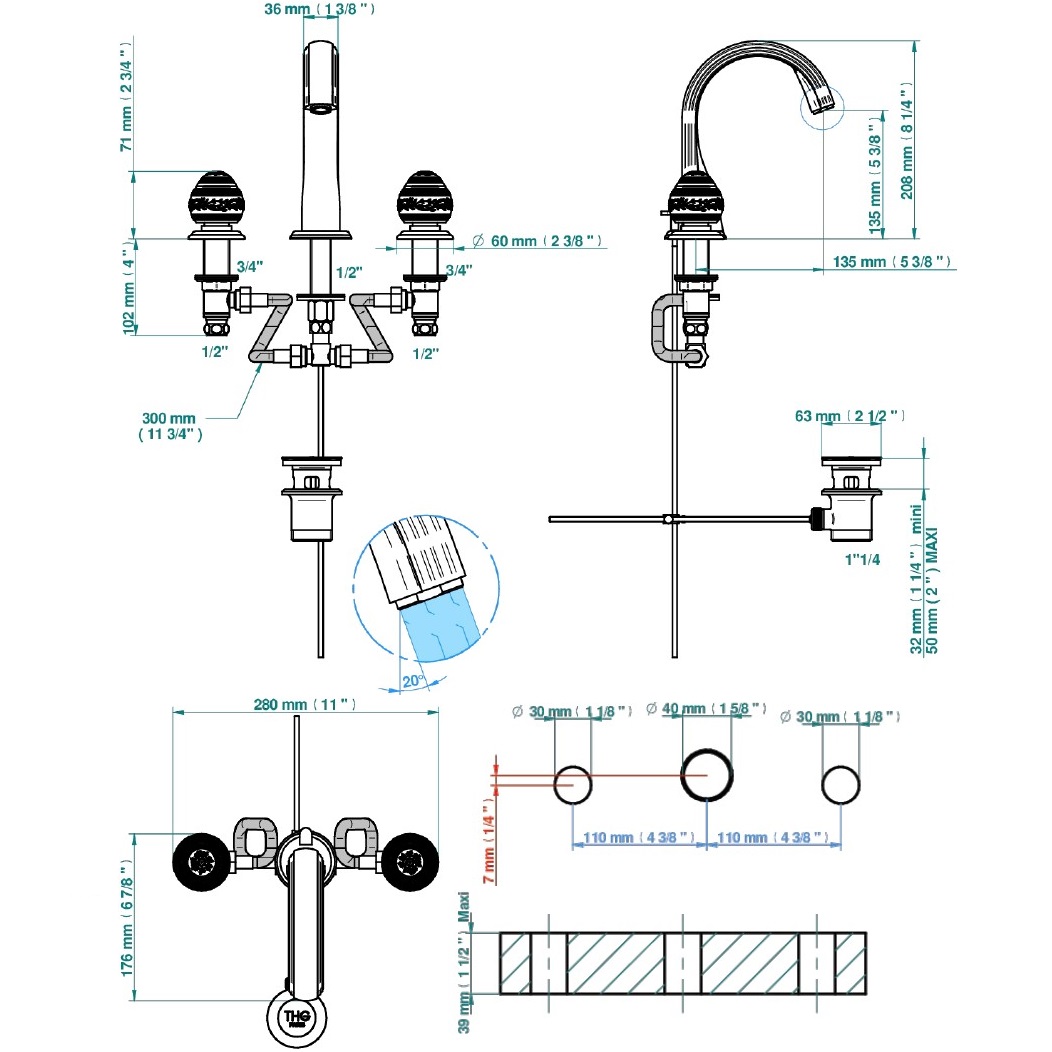 Смеситель для раковины THG Marquise porcelaine noire A7F-F01-151 (золотой, черный фарфор), с донным клапаном