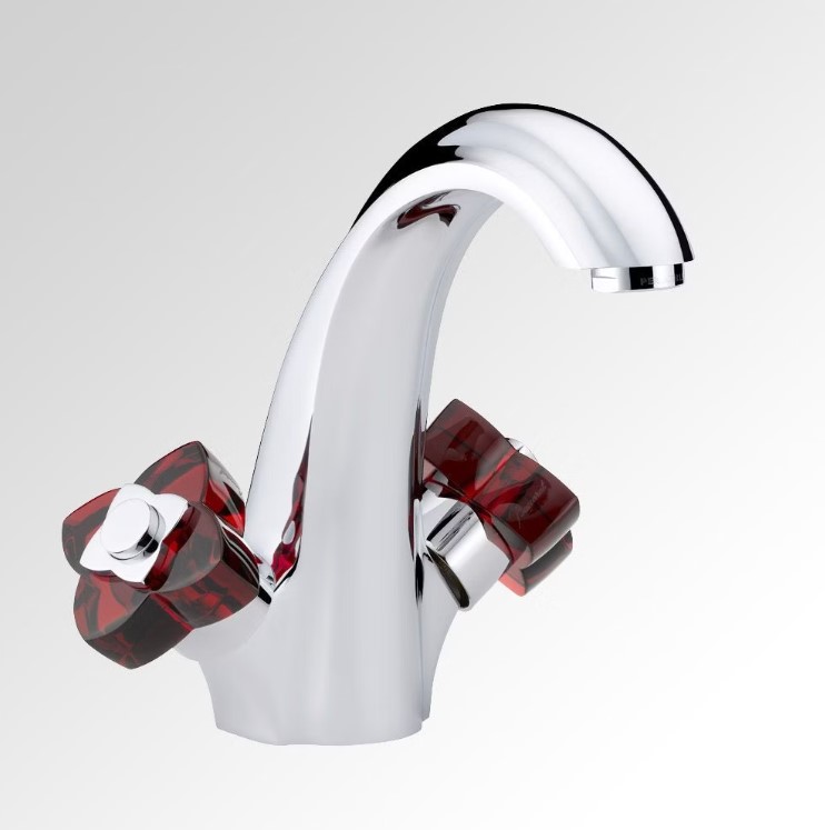 Смеситель для раковины THG Petale de Cristal clair lisere dore U6C-A02-2155 (хром, красный хрусталь), с донным клапаном