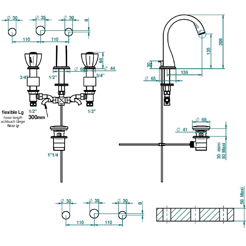 Смеситель для раковины THG Petale de Cristal rouge U6C-F01-151 (золотой, красный хрусталь), с донным клапаном