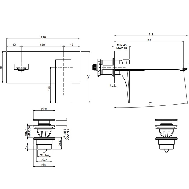 Смеситель для раковины встраиваемый Fima Carlo Frattini Zeta F3971WLX5NS (черный матовый), с донным клапаном