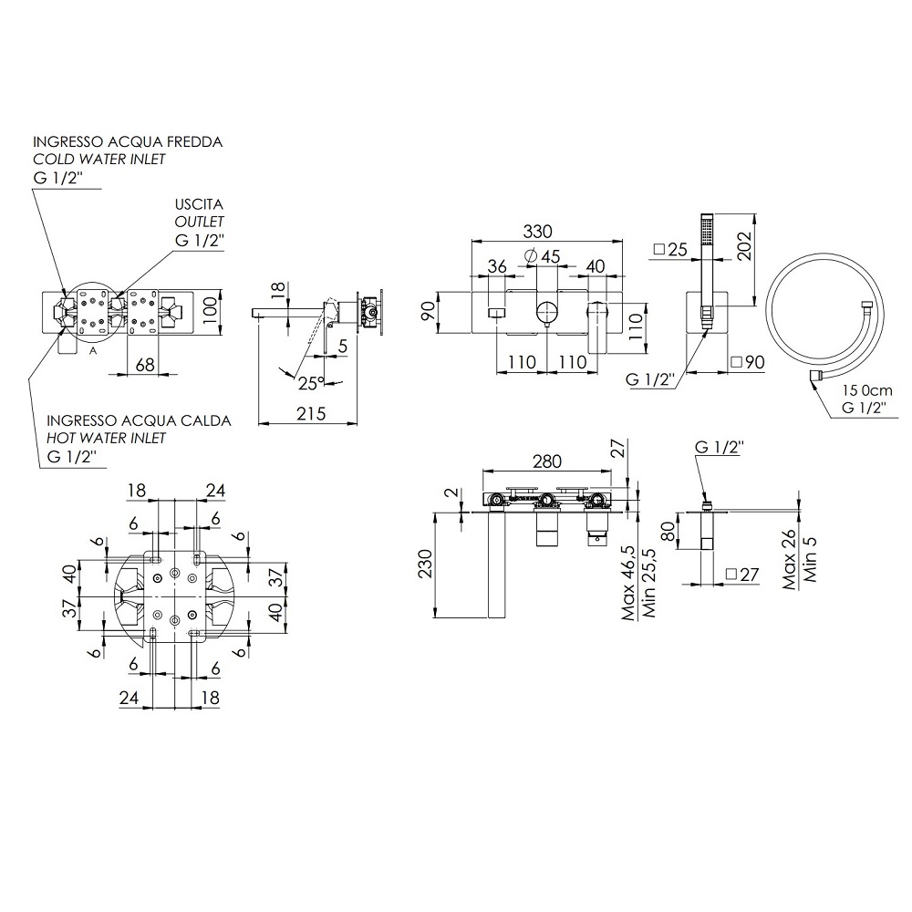 Смеситель для ванны и душа Remer Absolute AU54D2BG (золото брашированное), 2 потока, скрытая часть в комплекте