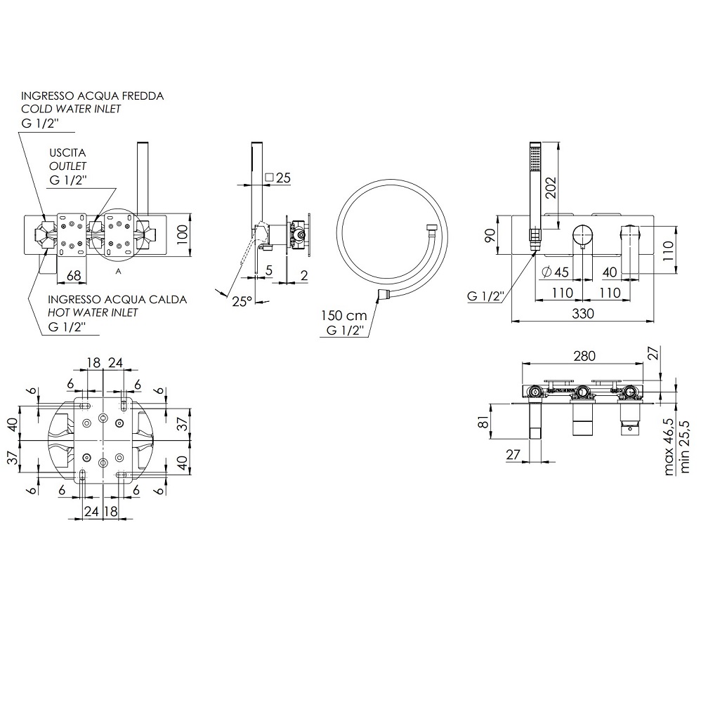 Смеситель для ванны и душа Remer Absolute AU97D2BG (золото брашированное), 2 потока, скрытая часть в комплекте