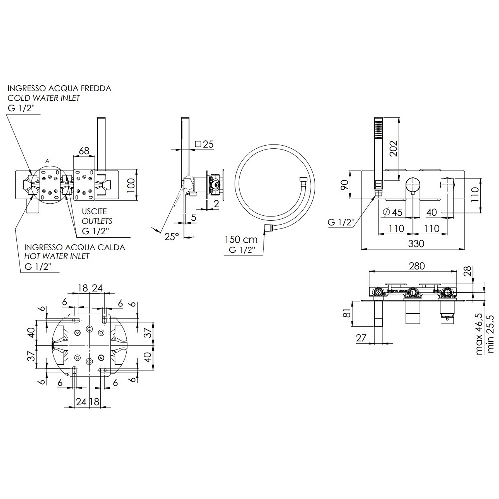 Смеситель для ванны и душа Remer Absolute AU97D3BG (золото брашированное), 3 потока, скрытая часть в комплекте