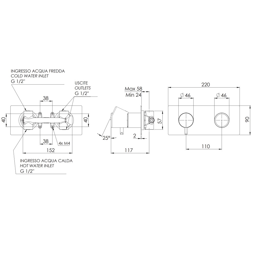 Смеситель для ванны и душа Remer Dot DT92Z (хром), 2 потока, скрытая часть в комплекте