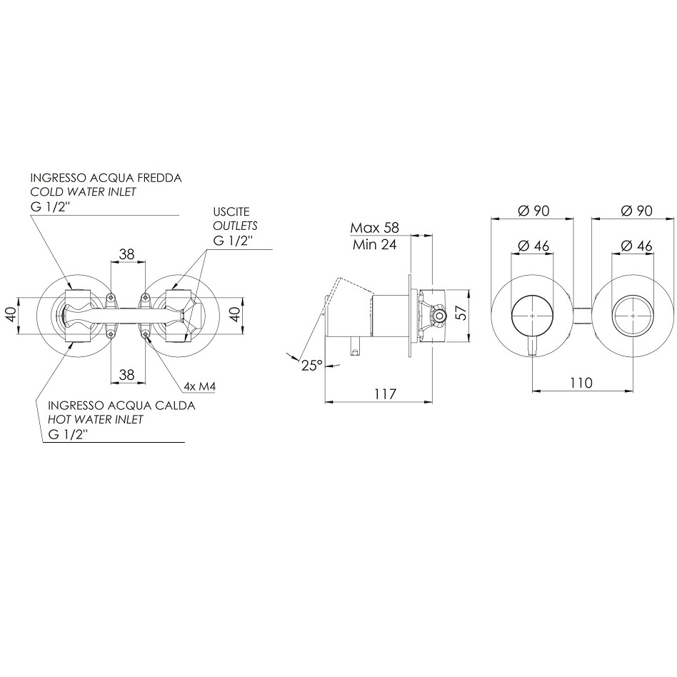 Смеситель для ванны и душа Remer Dot DT92ZP (хром), 2 потока, скрытая часть в комплекте