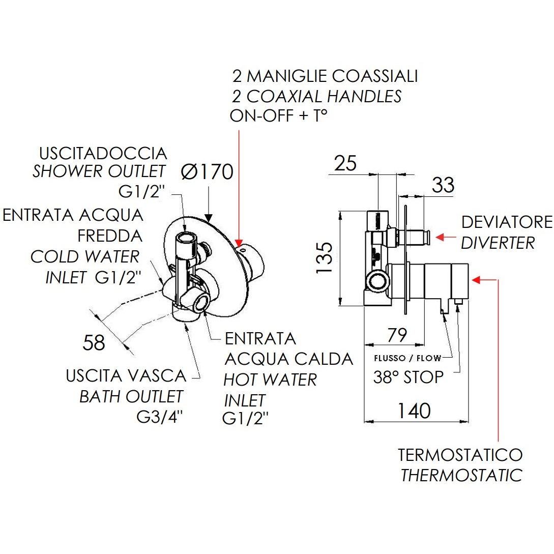 Смеситель для ванны и душа Remer Minimal Thermo NT09 (хром), 2 потока, с термостатом, скрытая часть в комплекте