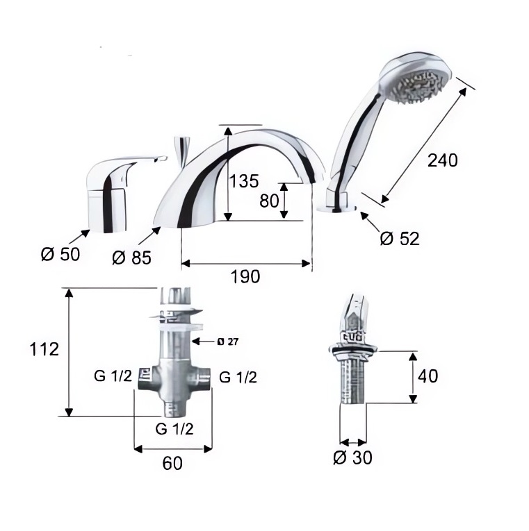 Смеситель для ванны и душа Remer Project P07 (хром), на борт ванны, с душевым гарнитуром