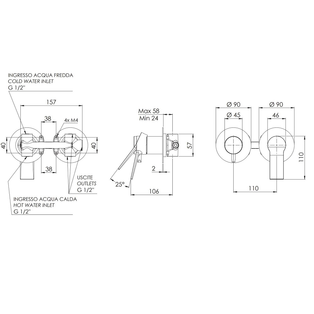 Смеситель для ванны и душа Remer Slash SL93ZPBG (золото брашированное), 3 потока, скрытая часть в комплекте