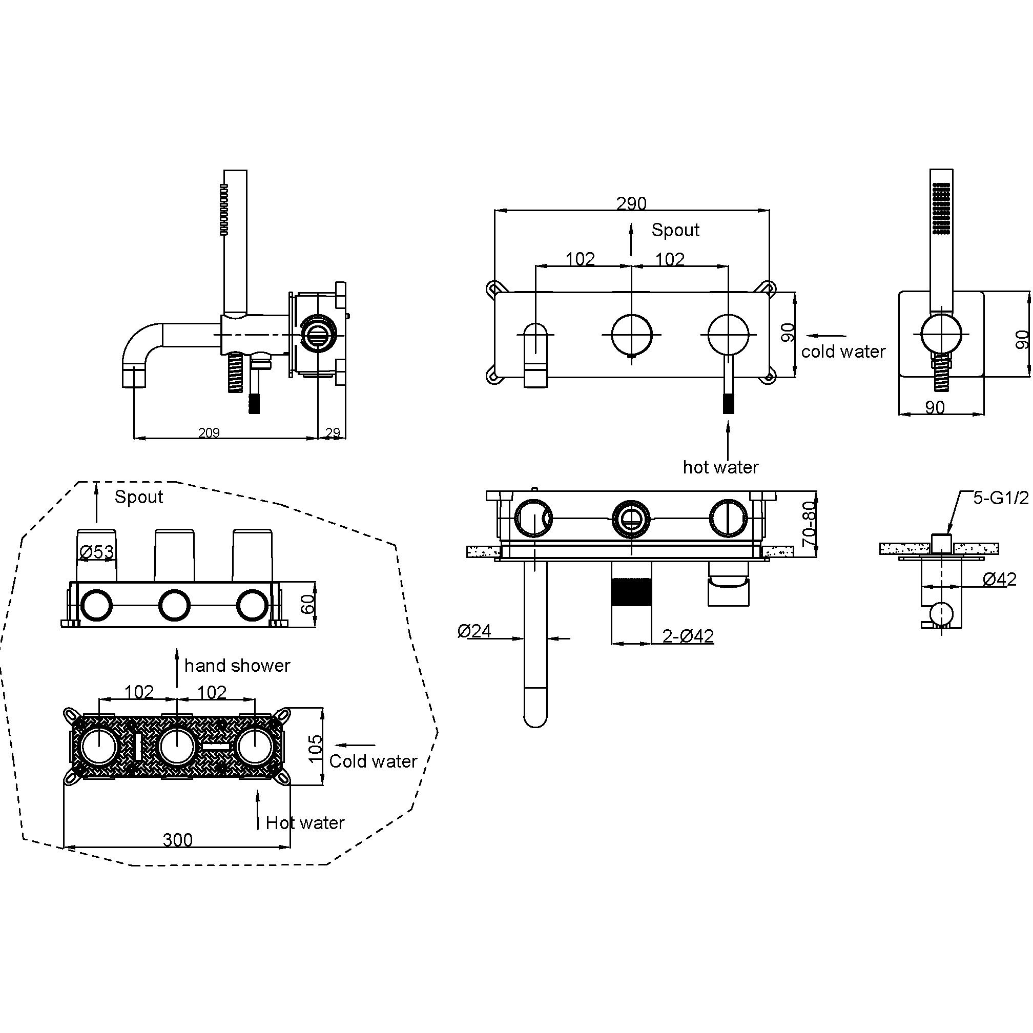 Смеситель для ванны и душа скрытого монтажа Boheme Uno 464-3-NB (никель брашированный), с изливом