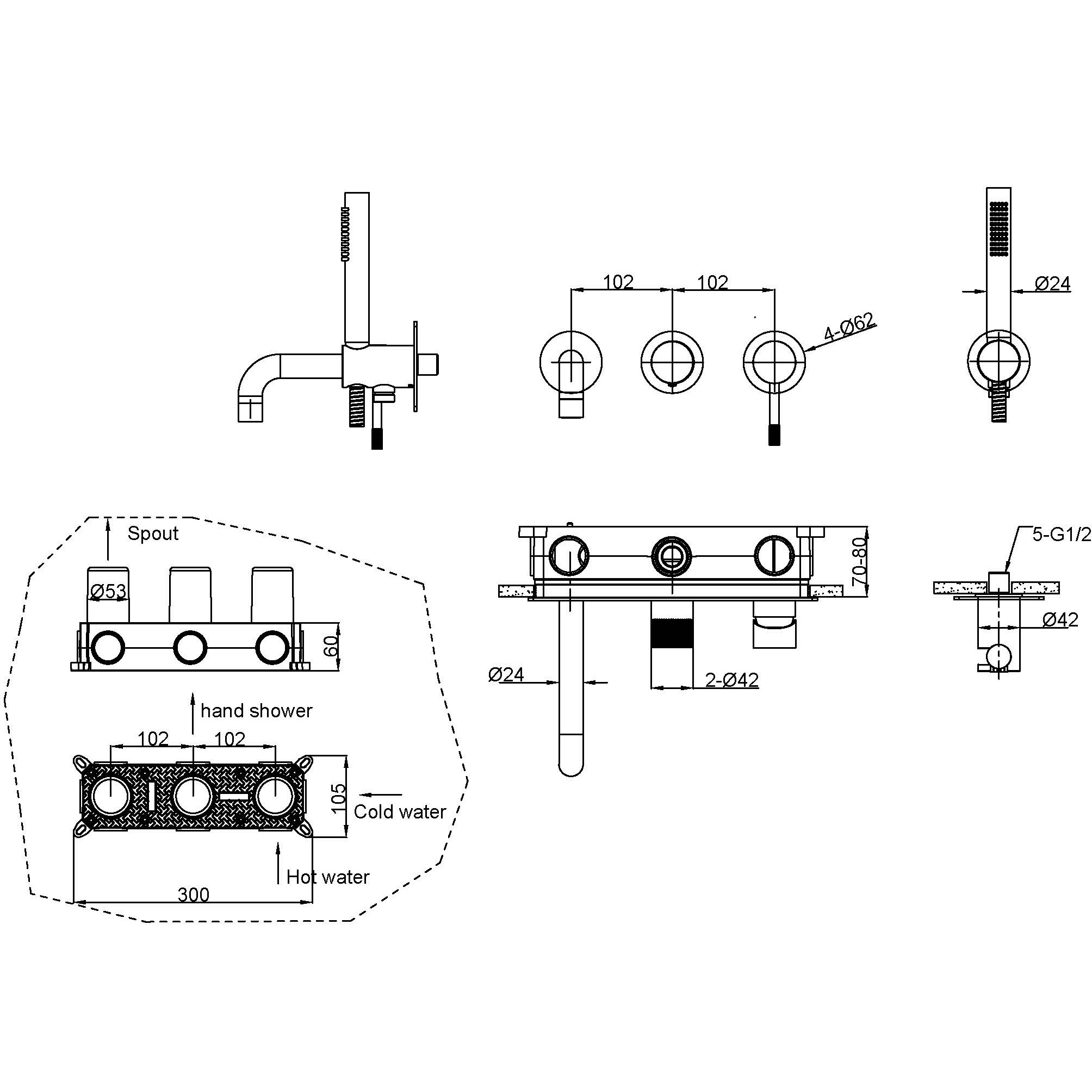 Смеситель для ванны и душа скрытого монтажа Boheme Uno 464-3-NB (никель брашированный), с изливом