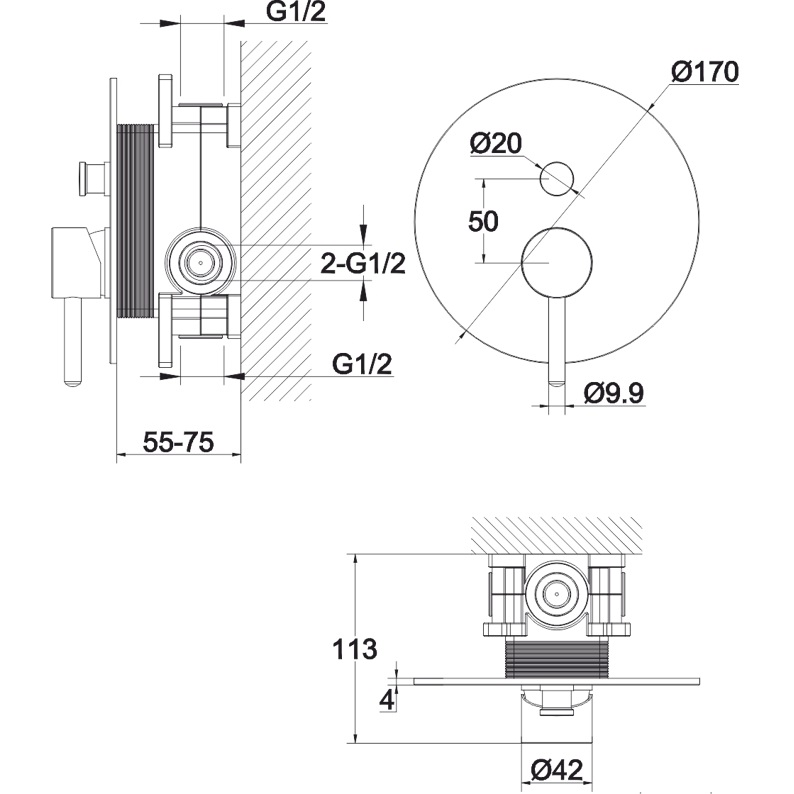 Смеситель для ванны и душа скрытого монтажа Whitecross Серия Y Y1235CR (хром), 2 источника