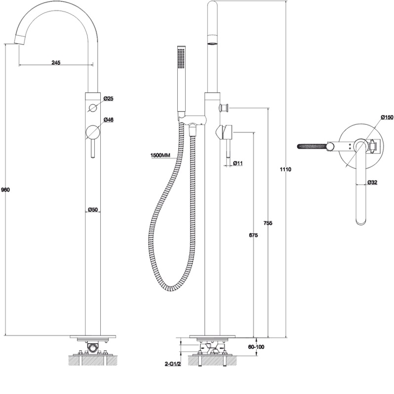Смеситель для ванны напольный  Whitecross Серия Y Y1233CR (хром)