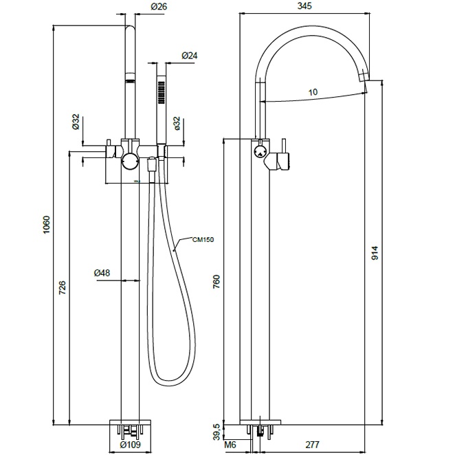 Смеситель для ванны напольный Almar E216000.CR (хром)