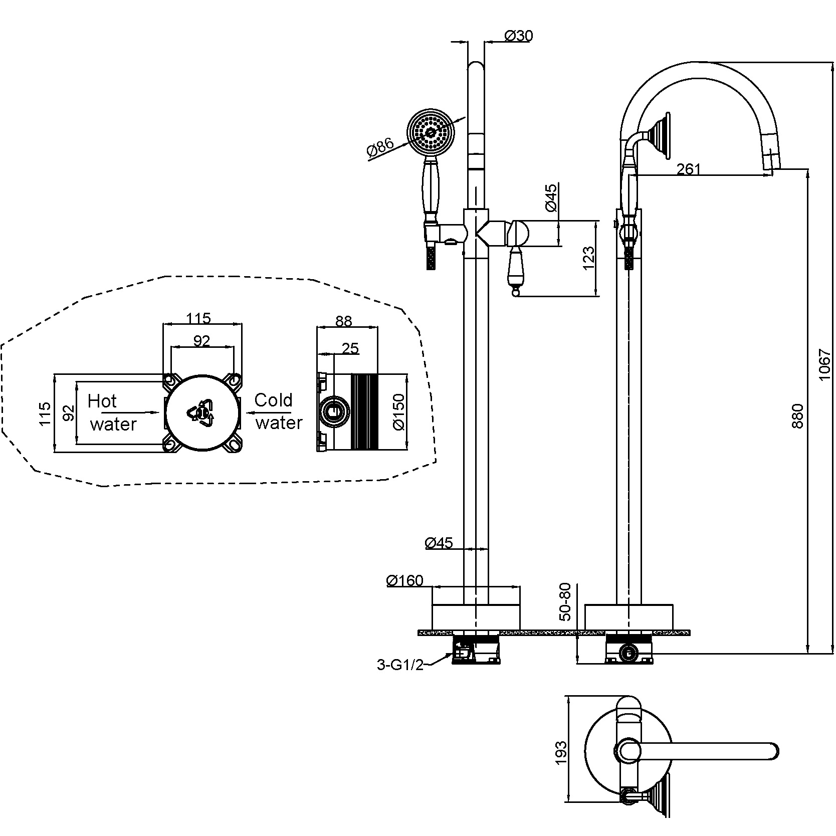 Смеситель для ванны напольный Boheme Imperiale 309 (бронза)