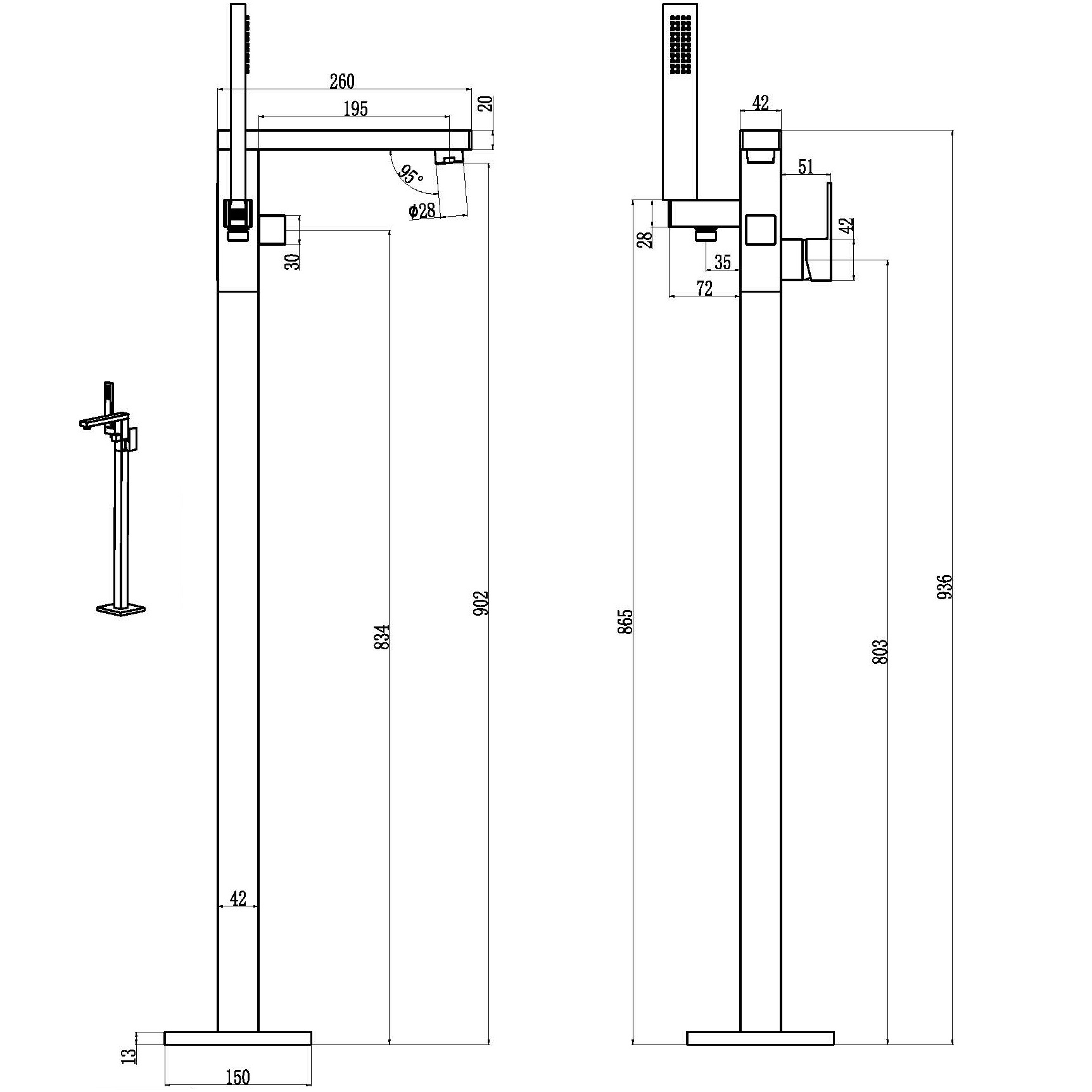 Смеситель для ванны напольный Boheme Qubic 479-SGM (оружейный металл глянцевый) 