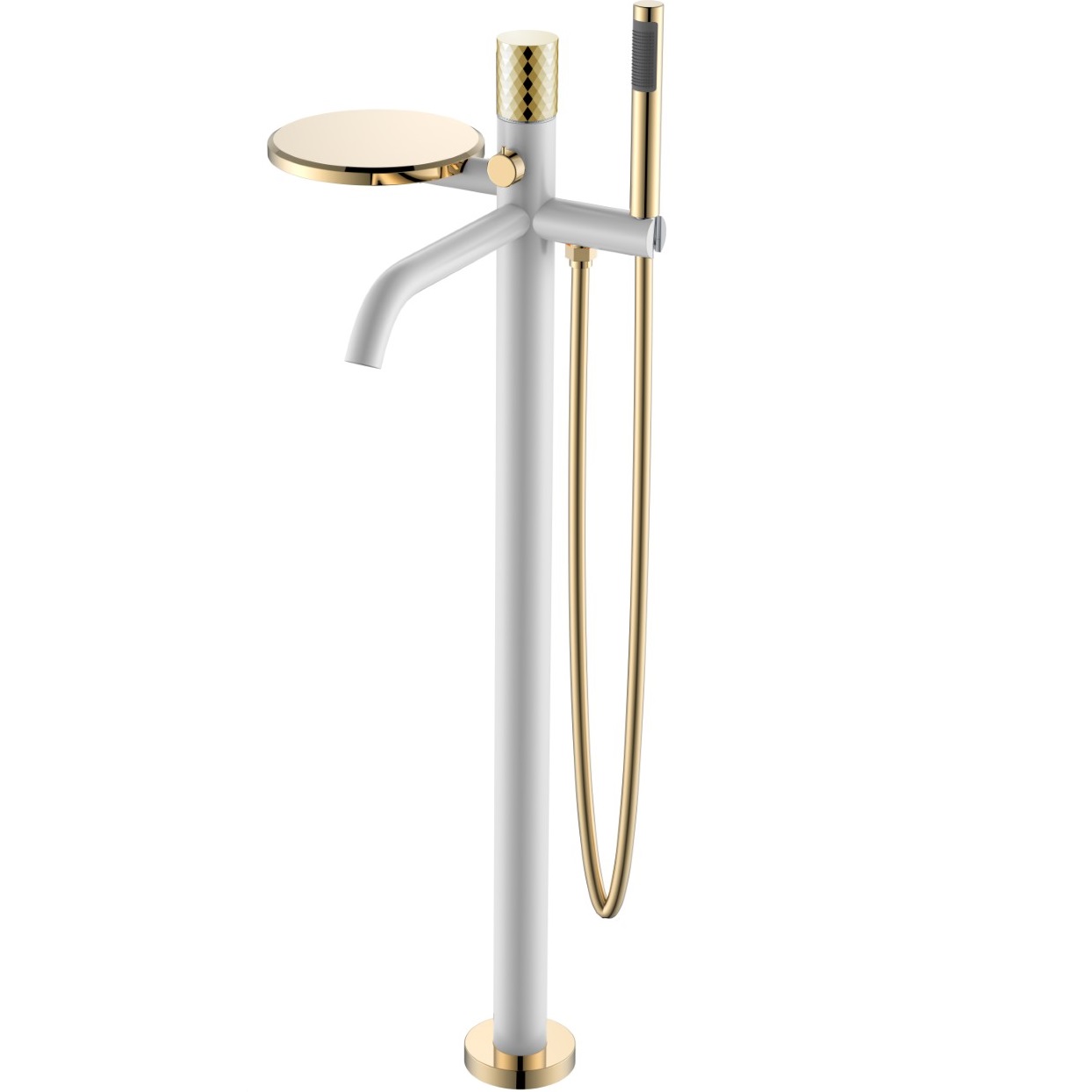 Смеситель для ванны напольный Boheme Stick Diamond 129-WG (золотой, белый матовый), с полкой