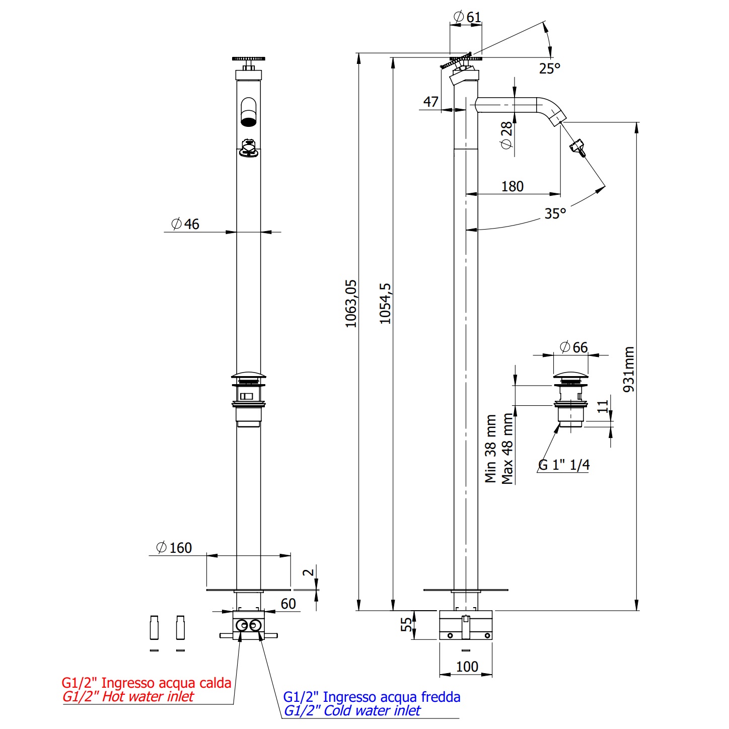 Смеситель для раковины напольный Remer Chrono CH18BO (белый матовый), с донным клапаном