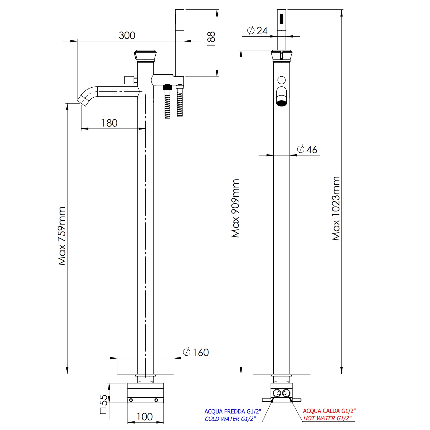 Смеситель для ванны напольный Remer Element ET08XV (сталь)
