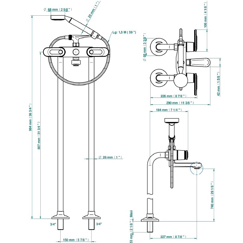 Смеситель для ванны напольный THG Corvair a manettes Fior di Bosco U8L-A02-13CS (хром), с изливом